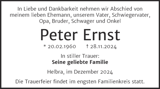 Traueranzeige von Peter Ernst von Trauerkombi Mansfelder Land
