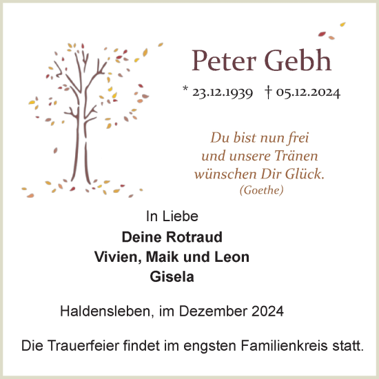Traueranzeige von Peter Gebh von Volksstimme Haldensleben/Wolmirstedt
