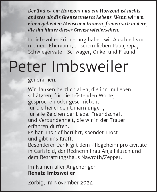 Traueranzeige von Peter Imbsweiler von Trauerkombi Bitterfeld