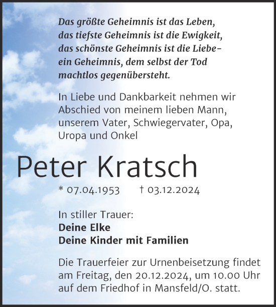 Traueranzeige von Peter Kratsch von Trauerkombi Mansfelder Land