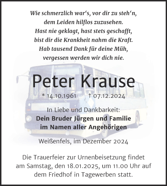 Traueranzeige von Peter Krause von Trauerkombi Weißenfels