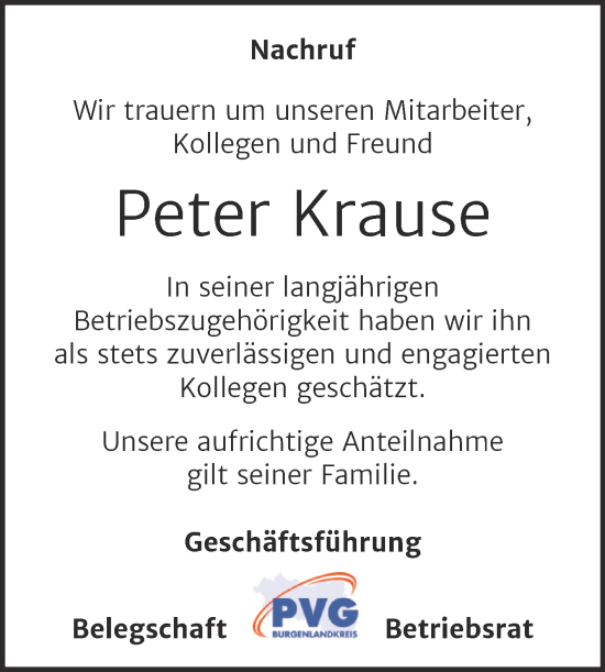 Traueranzeige von Peter Krause von Super Sonntag Weißenfels