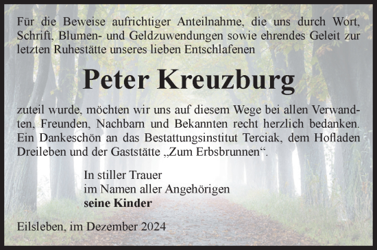 Traueranzeige von Peter Kreuzburg von Volksstimme Oschersleben/Wanzleben