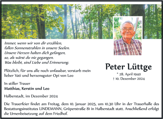 Traueranzeige von Peter Lüttge von Volksstimme Halberstadt