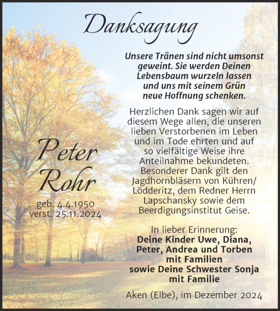 Traueranzeige von Peter Rohr von Trauerkombi Köthen