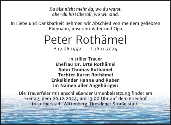 Traueranzeige von Peter Rothämel von Trauerkombi Wittenberg