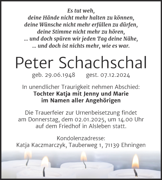 Traueranzeige von Peter Schachschal von Trauerkombi Bernburg