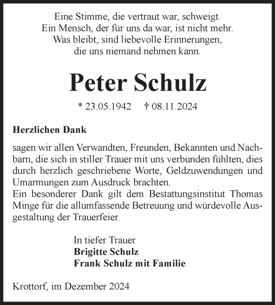 Traueranzeige von Peter Schulz von Volksstimme Oschersleben/Wanzleben