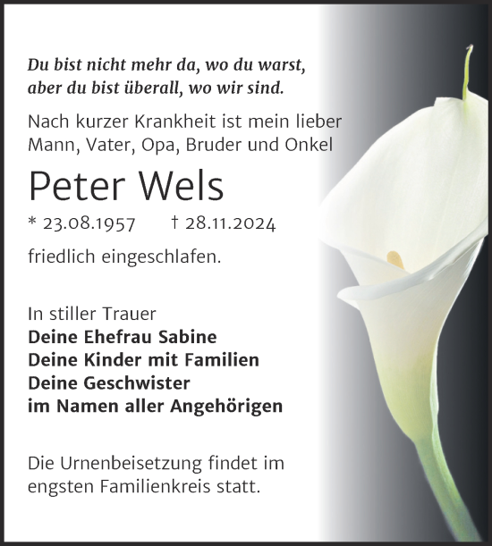 Traueranzeige von Peter Wels von Mitteldeutsche Zeitung Mansfelder Land