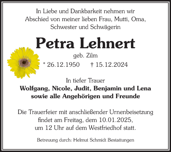Traueranzeige von Petra Lehnert von Volksstimme Magdeburg