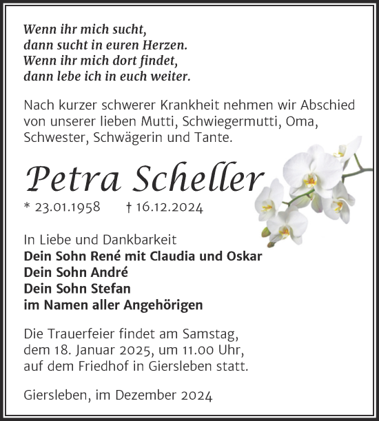 Traueranzeige von Petra Scheller von Trauerkombi Aschersleben