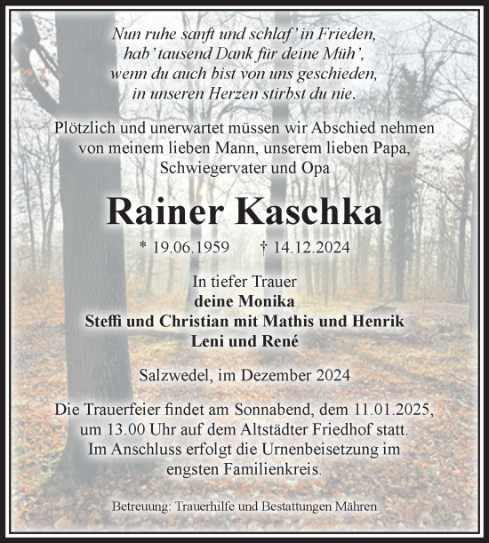 Traueranzeige von Rainer Kaschka von Volksstimme Altmark West