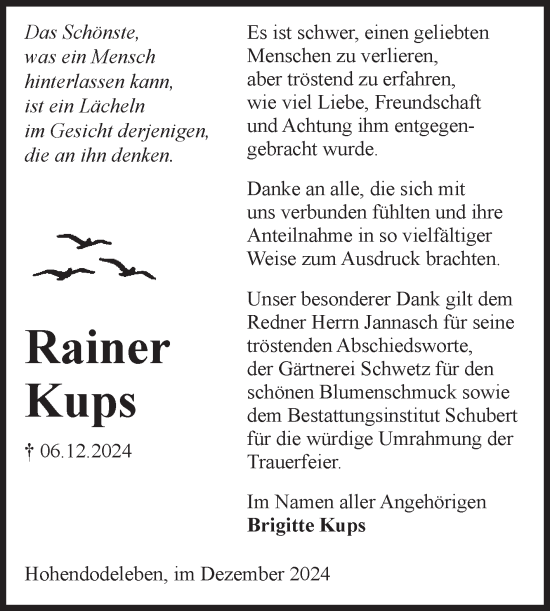 Traueranzeige von Rainer Kups von Volksstimme Oschersleben/Wanzleben