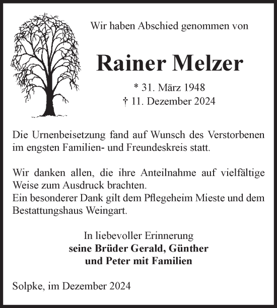 Traueranzeige von Rainer Melzer von Volksstimme Altmark West