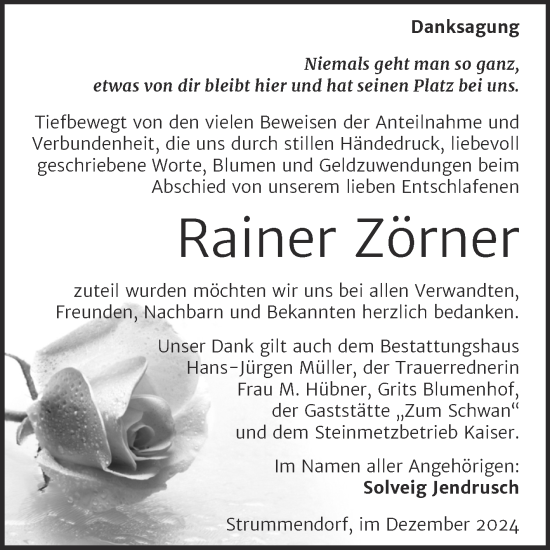 Traueranzeige von Rainer Zörner von Trauerkombi Aschersleben