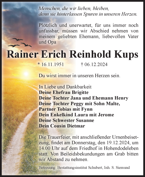 Traueranzeige von Rainer Erich Reinhold Kups von Volksstimme Oschersleben/Wanzleben