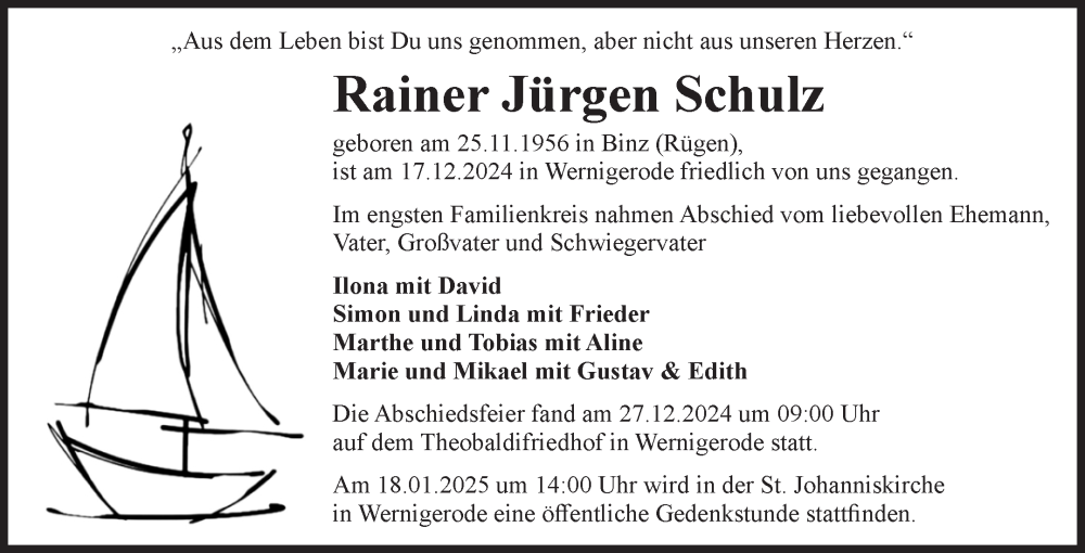  Traueranzeige für Rainer Jürgen Schulz vom 28.12.2024 aus Volksstimme Wernigerode