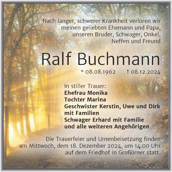 Traueranzeige von Ralf Buchmann von Trauerkombi Mansfelder Land