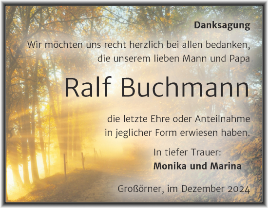 Traueranzeige von Ralf Buchmann von Trauerkombi Mansfelder Land
