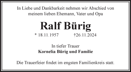 Traueranzeige von Ralf Bürig von Volksstimme Magdeburg