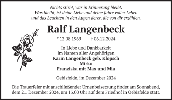 Traueranzeige von Ralf Langenbeck von Volksstimme Altmark West