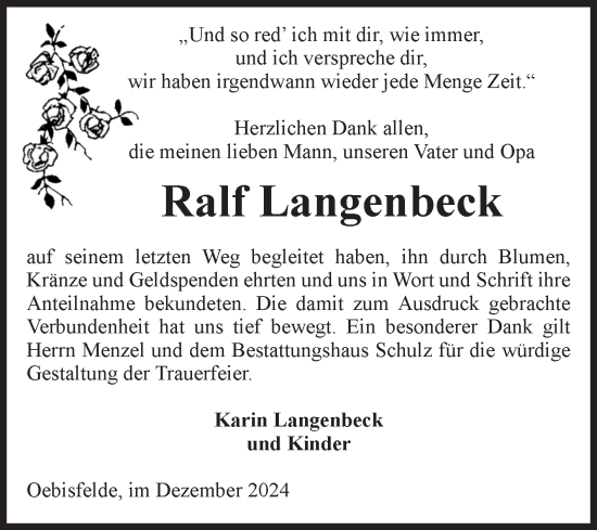 Traueranzeige von Ralf Langenbeck von Volksstimme Altmark West
