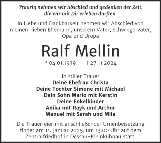 Traueranzeige von Ralf Mellin von Trauerkombi Dessau