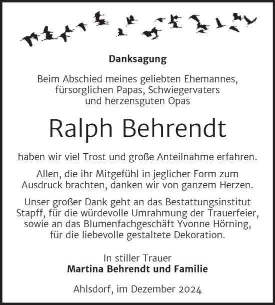 Traueranzeige von Ralph Behrendt von Trauerkombi Mansfelder Land
