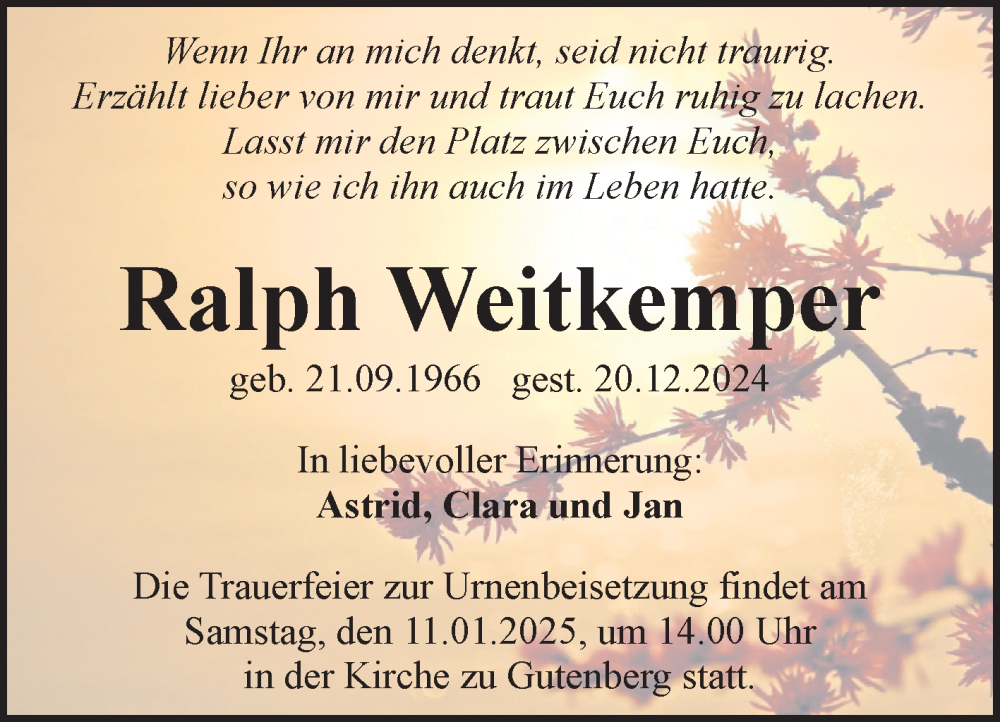  Traueranzeige für Ralph Weitkemper vom 28.12.2024 aus Mitteldeutsche Zeitung Halle/Saalkreis