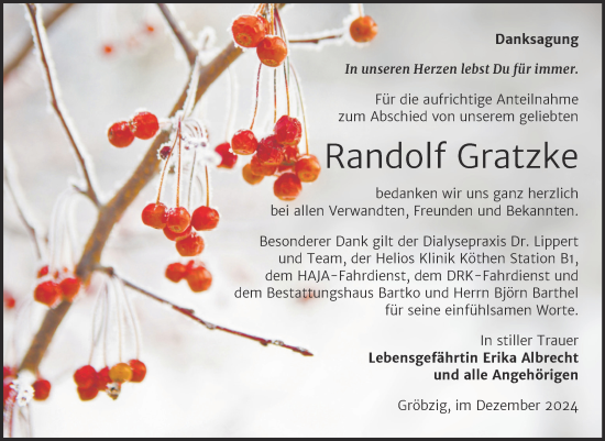 Traueranzeige von Randolf Gratzke von Trauerkombi Köthen