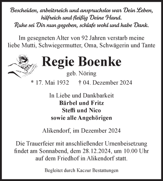 Traueranzeige von Regie Boenke von Volksstimme Oschersleben/Wanzleben