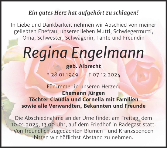 Traueranzeige von Regina Engelmann von Trauerkombi Köthen