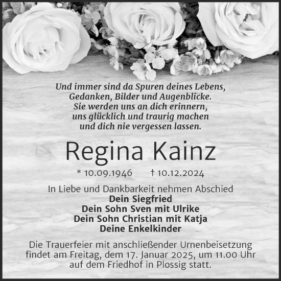 Traueranzeige von Regina Kainz von Trauerkombi Wittenberg