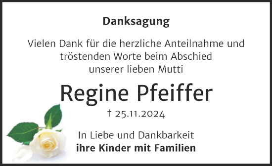 Traueranzeige von Regine Pfeiffer von Trauerkombi Bernburg