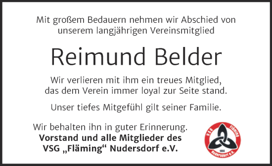 Traueranzeige von Reimund Belder von Super Sonntag Wittenberg