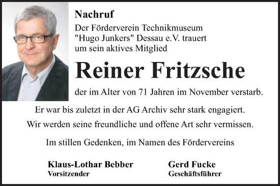 Traueranzeige von Reiner Fritzsche von Trauerkombi Dessau