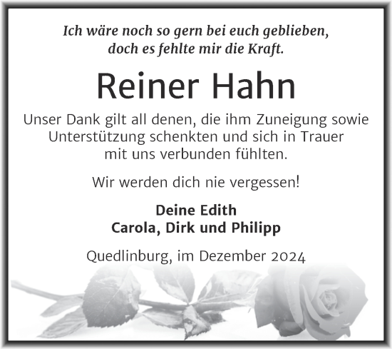 Traueranzeige von Reiner Hahn von Trauerkombi Quedlinburg