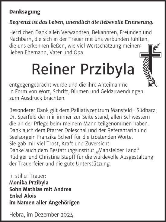 Traueranzeige von Reiner Przibyla von Trauerkombi Mansfelder Land