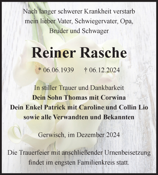 Traueranzeige von Reiner Rasche von Volksstimme Burg/Genthin