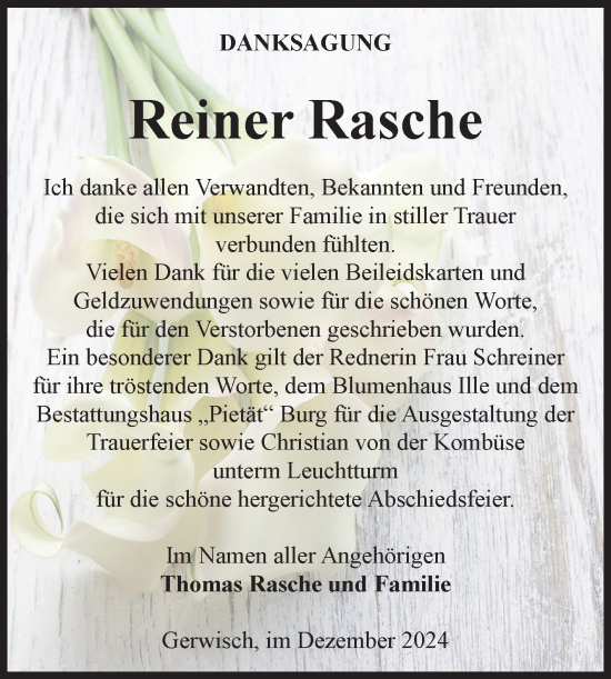 Traueranzeige von Reiner Rasche von Volksstimme Burg/Genthin