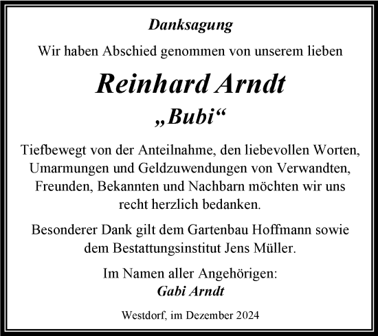 Traueranzeige von Reinhard Arndt von Trauerkombi Aschersleben