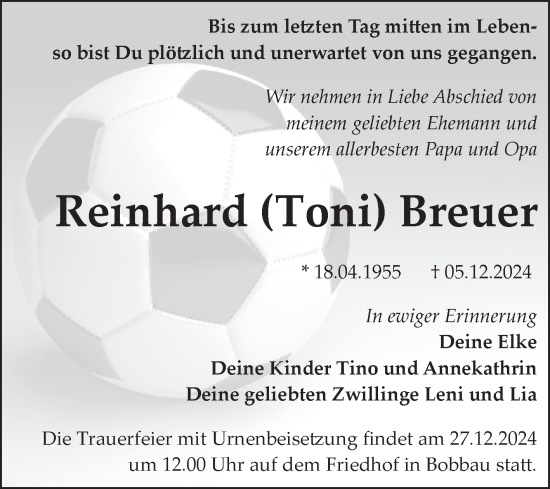 Traueranzeige von Reinhard Breuer von Trauerkombi Bitterfeld