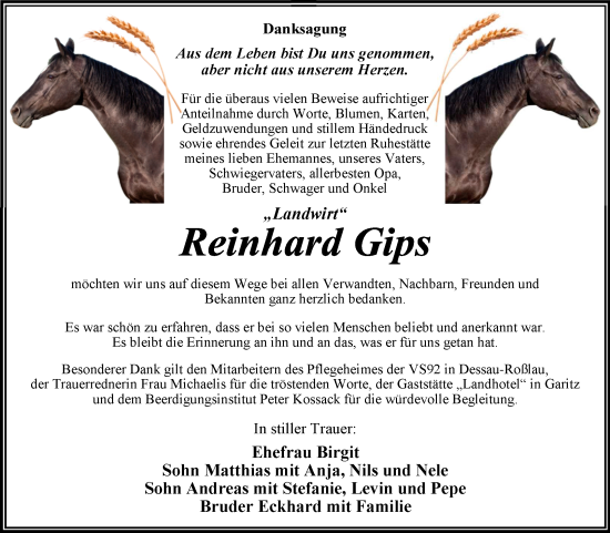 Traueranzeige von Reinhard Gips von Trauerkombi Dessau