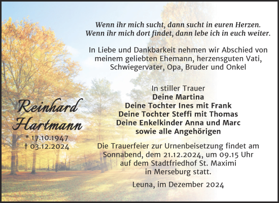 Traueranzeige von Reinhard Hartmann von Trauerkombi Merseburg