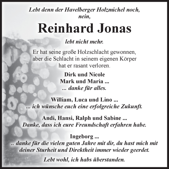 Traueranzeige von Reinhard Jonas von Volksstimme Altmark Ost