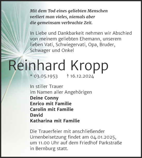 Traueranzeige von Reinhard Kropp von Trauerkombi Bernburg