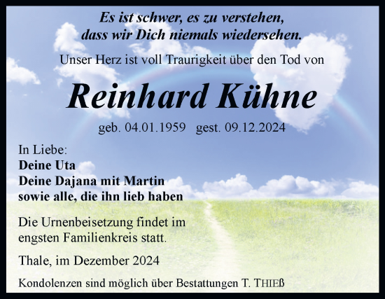 Traueranzeige von Reinhard Kühne von Trauerkombi Quedlinburg
