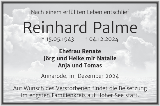 Traueranzeige von Reinhard Palme von Trauerkombi Mansfelder Land