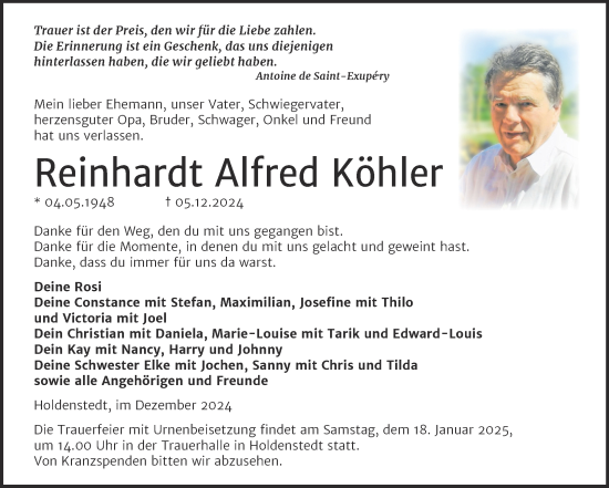 Traueranzeige von Reinhardt Alfred Köhler von Trauerkombi Sangerhausen