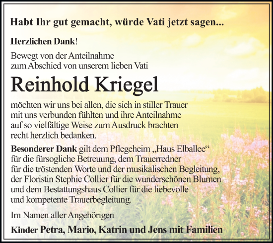 Traueranzeige von Reinhold Kriegel von Trauerkombi Dessau